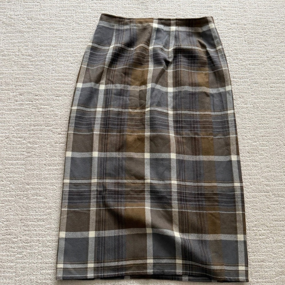 Eddie Bauer Vintage 100% Wool Plaid Maxi Wrap Skirt Brown Grey Size 8 USA Made